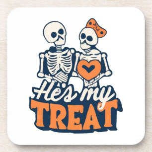 Hes My Treat Skeleton Matching Couple Halloween Coaster