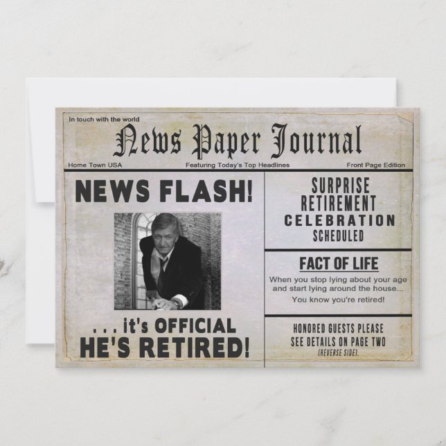 HE'S RETIRED Invitation - PHOTO INSERT/ News (Front)