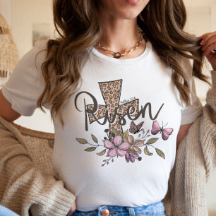 He's Risen Easter Christian Cross Leopard Quote T-Shirt