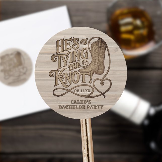 He's Tying the Knot Rustic Cowboy Bachelor Party Classic Round Sticker (Creator Uploaded)
