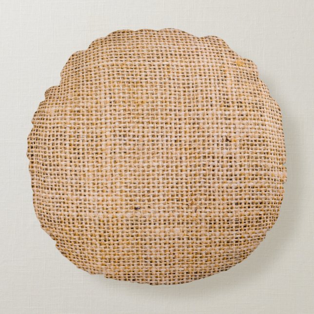 Hessian sackcloth burlap woven texture background, round cushion (Front)
