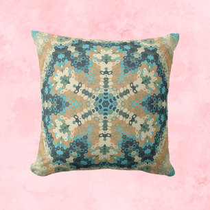 Hex Mandala Blue and Orange Cushion