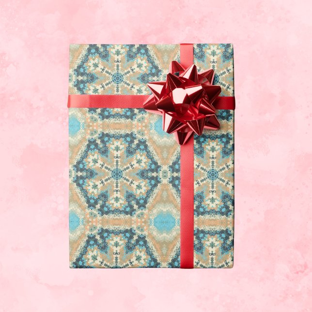 Hex Mandala Blue and Orange Wrapping Paper (Blue and Orange Hexagon Mandala Wrapping Paper by Wormhole Orbital)