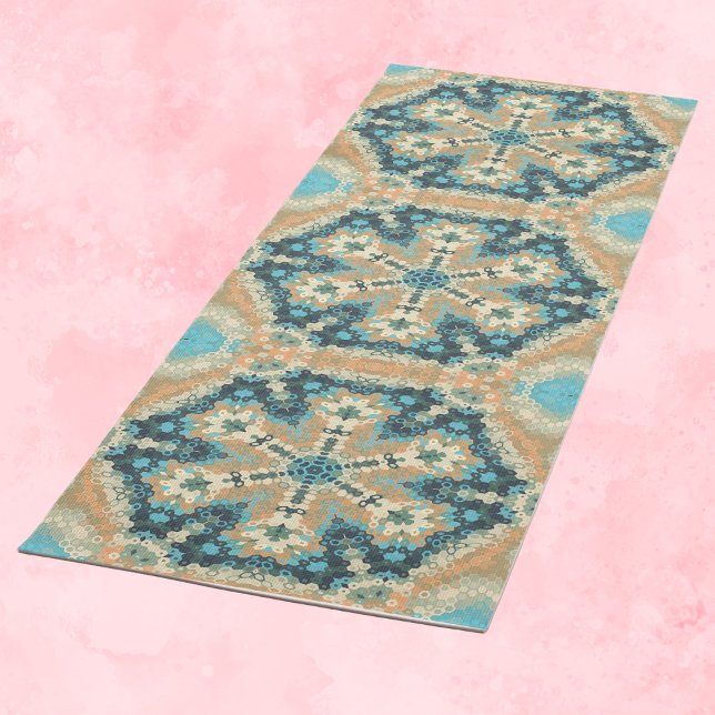 Hex Mandala Blue and Orange Yoga Mat (Blue and Orange Hexagon Mandala Yoga Mat by Wormhole Orbital)
