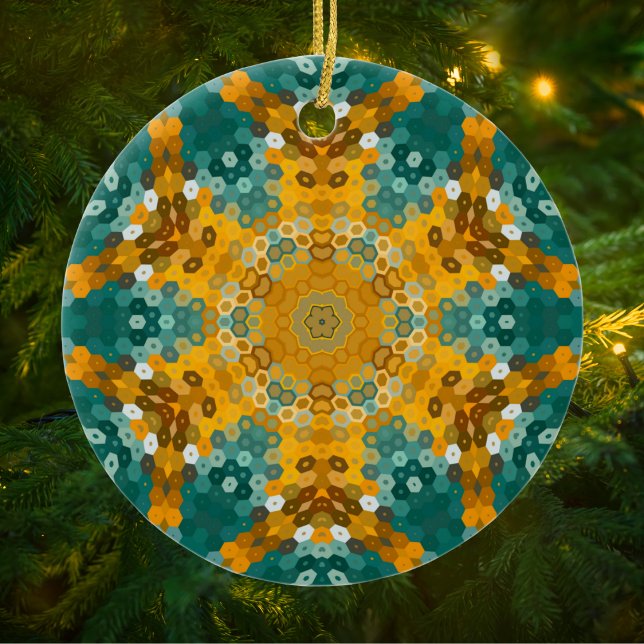 Hex Mandala Blue and Yellow Ceramic Ornament (Teal and Yellow Hexagon Mandala Christmas Ornament from Wormhole Orbital)