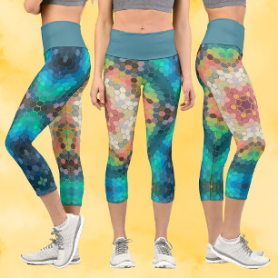 Hex Mandala Blue Green and Pink Capri Leggings