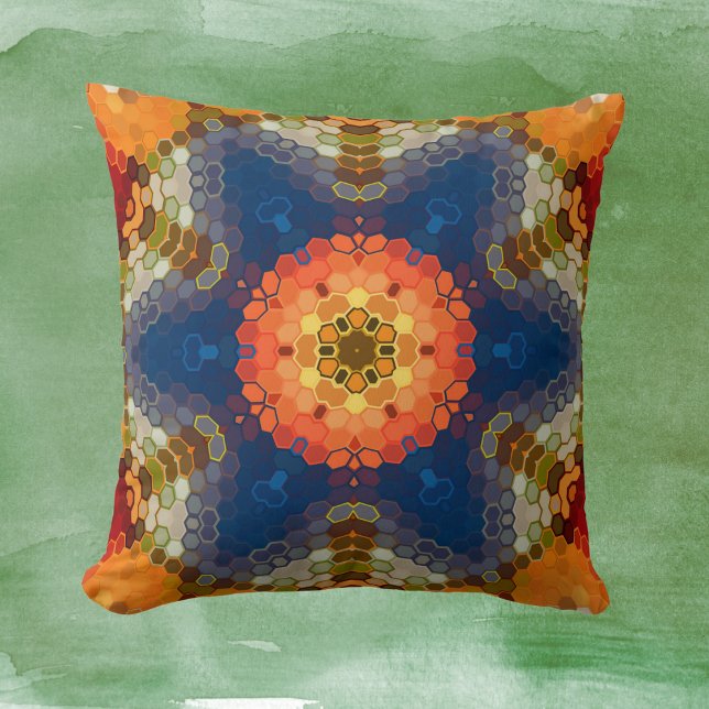 Hex Mandala Blue Orange and Red Cushion (Blue Orange and Red Hexagon Mandala Throw Pillow by Wormhole Orbital)