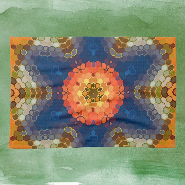 Hex Mandala Blue Orange and Red Tea Towel (Blue Orange and Red Hexagon Mandala Kitchen Towel by Wormhole Orbital)