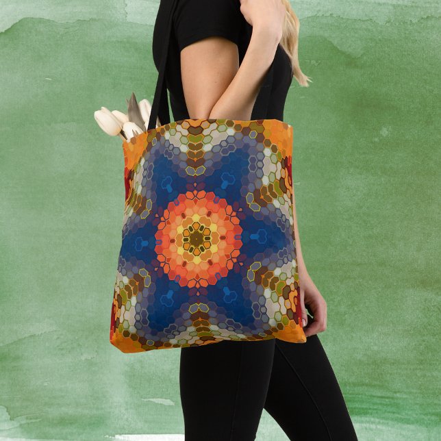 Hex Mandala Blue Orange and Red Tote Bag (Blue Orange and Red Hexagon Mandala Tote Bag by Wormhole Orbital)