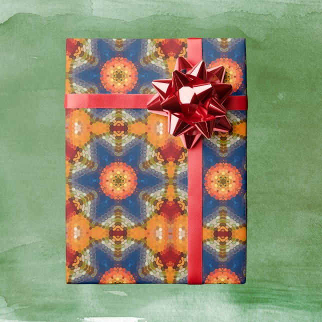 Hex Mandala Blue Orange and Red Wrapping Paper (Blue Orange and Red Hexagon Mandala Wrapping Paper by Wormhole Orbital)