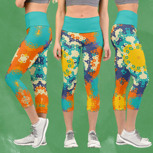 Hex Mandala Blue Orange and Yellow Capri Leggings