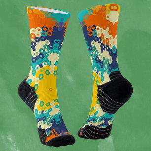 Hex Mandala Blue Orange and Yellow Socks