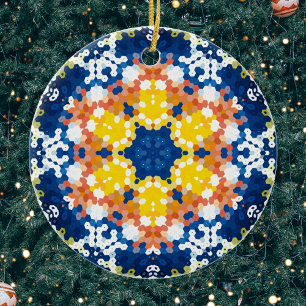 Hex Mandala Blue Yellow Orange and Green Ceramic Ornament