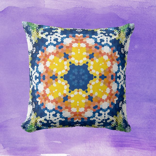 Hex Mandala Blue Yellow Orange and Green Cushion (Blue Yellow Orange and Green Hexagon Mandala Throw Pillow by Wormhole Orbital)