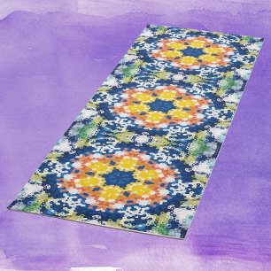 Hex Mandala Blue Yellow Orange and Green Yoga Mat
