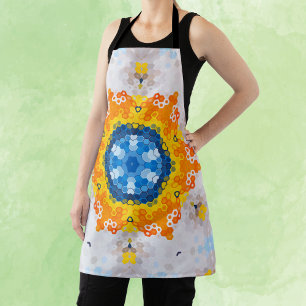 Hex Mandala Blue Yellow Orange and White Apron