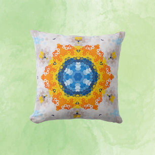 Hex Mandala Blue Yellow Orange and White Cushion