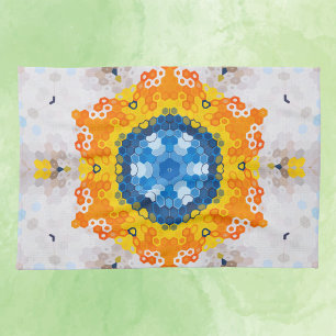 Hex Mandala Blue Yellow Orange and White Tea Towel
