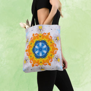 Hex Mandala Blue Yellow Orange and White Tote Bag
