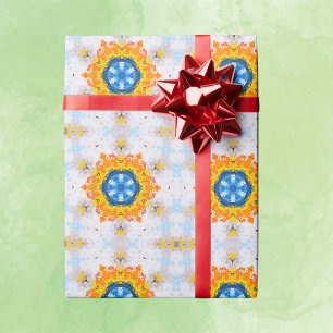 Hex Mandala Blue Yellow Orange and White Wrapping Paper