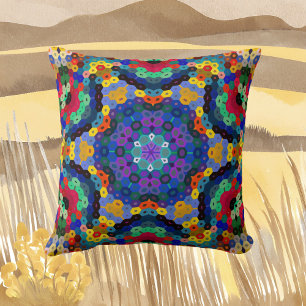 Hex Mandala Blue Yellow Red and Green Cushion