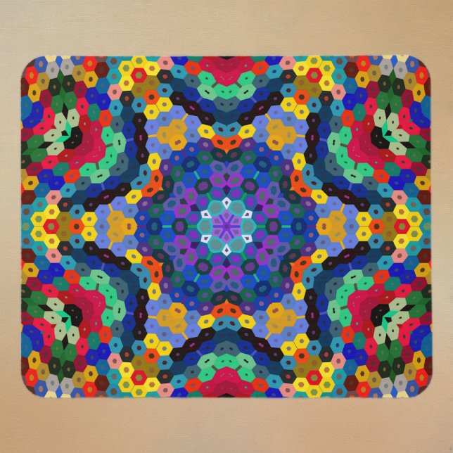 Hex Mandala Blue Yellow Red and Green Mouse Pad (Blue Yellow Red and Green Hexagon Mandala Mouse Pad by Wormhole Orbital)