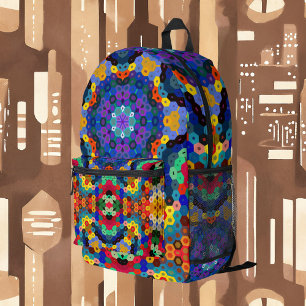 Hex Mandala Blue Yellow Red and Green Printed Backpack