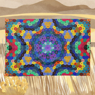 Hex Mandala Blue Yellow Red and Green Tea Towel