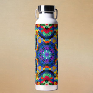 Hex Mandala Blue Yellow Red and Green Water Bottle