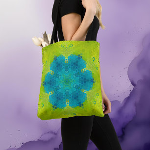 Hex Mandala Green and Blue Tote Bag