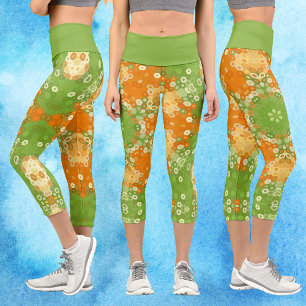 Hex Mandala Green and Orange Capri Leggings