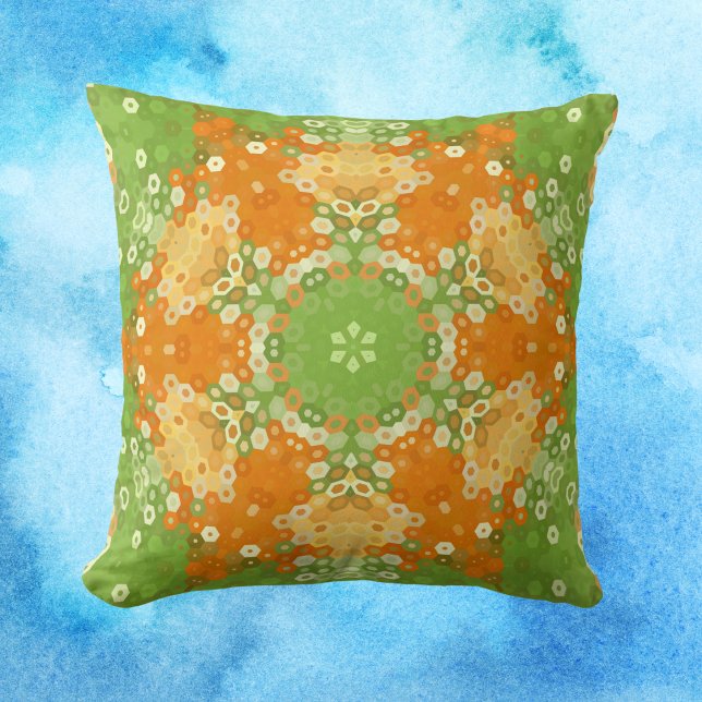 Hex Mandala Green and Orange Cushion (Green and Orange Hexagon Mandala Throw Pillow by Wormhole Orbital)