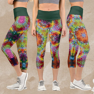 Hex Mandala Green Pink and Orange Capri Leggings