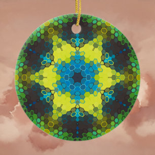 Hex Mandala Green Yellow and Blue Ceramic Ornament