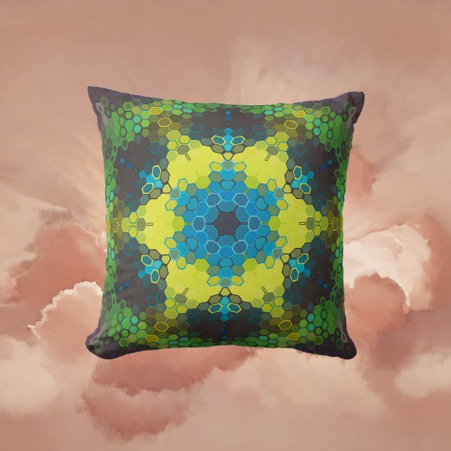 Hex Mandala Green Yellow and Blue Cushion (Green and Blue Hexagon Mandala Throw Pillow By Wormhole Orbital)