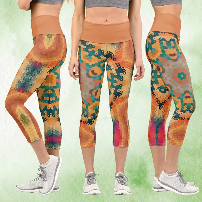 Hex Mandala Orange and Blue Capri Leggings (Orange and Blue Hexagon Mandala Capri Leggings by Wormhole Orbital)