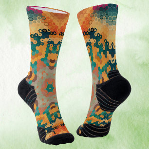 Hex Mandala Orange and Blue Socks