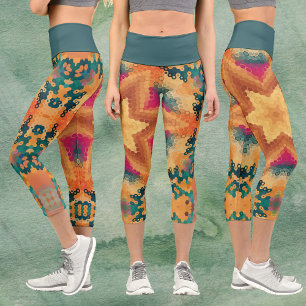Hex Mandala Orange Blue and Pink Capri Leggings