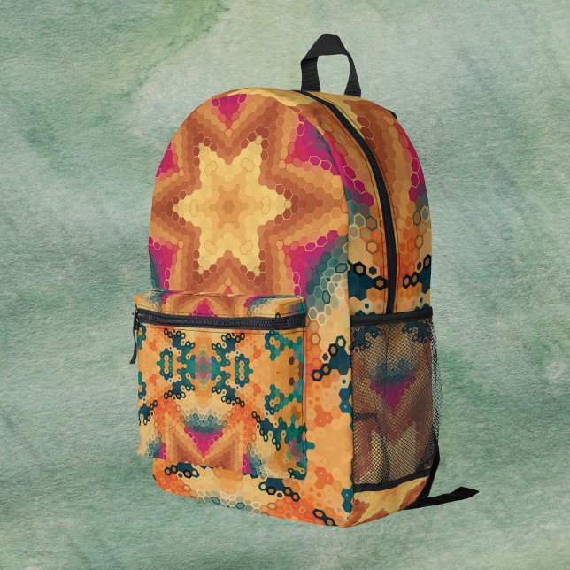 Hex Mandala Orange Blue and Pink Printed Backpack (Orange Blue and Pink Hexagon Mandala Backpack by Wormhole Orbital)