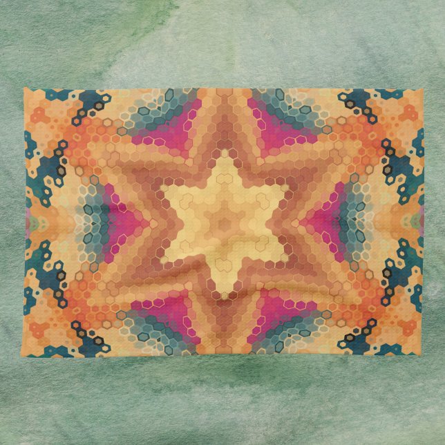 Hex Mandala Orange Blue and Pink Tea Towel (Orange Blue and Pink Hexagon Mandala Kitchen Towel by Wormhole Orbital)