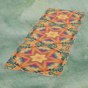 Hex Mandala Orange Blue and Pink Yoga Mat
