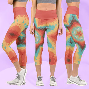 Hex Mandala Orange Blue and Yellow Capri Leggings