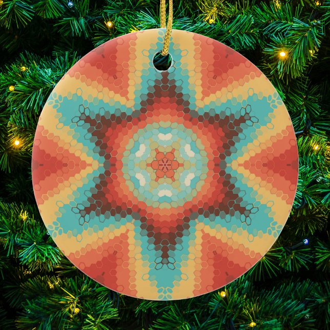 Hex Mandala Orange Blue and Yellow Ceramic Ornament (Orange Blue and Yellow Hexagon Mandala Christmas Ornament from Wormhole Orbital)