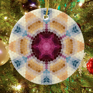 Hex Mandala Orange Pink and Blue Ceramic Ornament