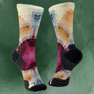 Hex Mandala Orange Pink and Blue Socks