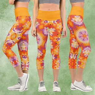 Hex Mandala Orange Purple and White Capri Leggings