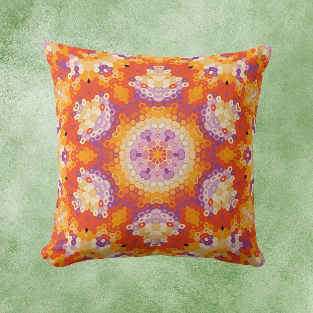 Hex Mandala Orange Purple and White Cushion (Orange Purple and White Hexagon Mandala Throw Pillow by Wormhole Orbital)