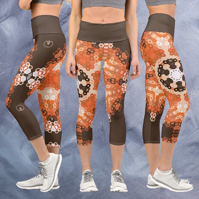 Hex Mandala Orange White and Brown Capri Leggings (Creator Uploaded)