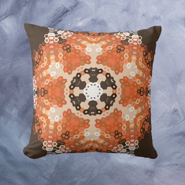 Hex Mandala Orange White and Brown Cushion (Creator Uploaded)