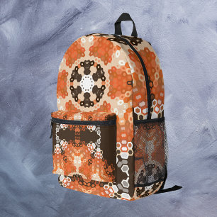 Hex Mandala Orange White and Brown Printed Backpack